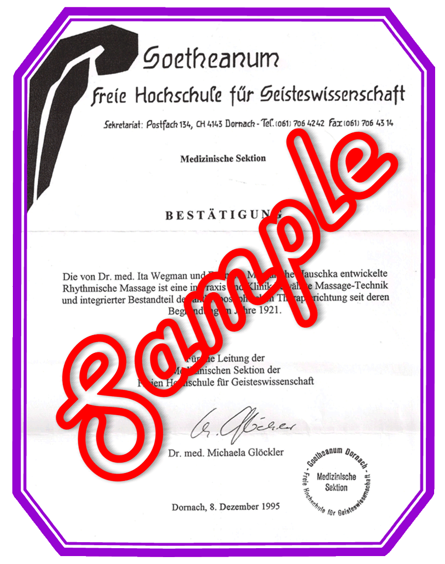 Recognition of Authenticity of Rhythmical Massage technique, in German,  by Goetheanum in Dornach, Switzerland (Issued in 1995).